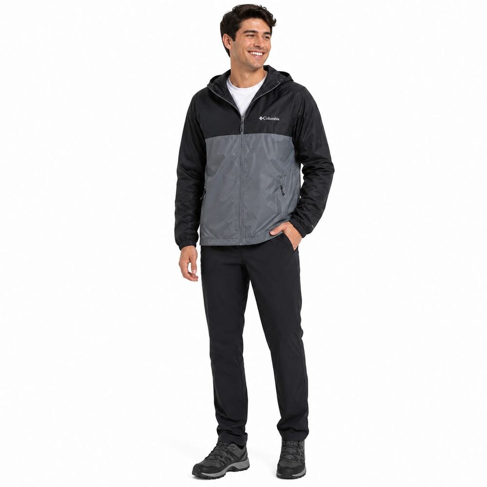 Columbia Mens Big Delta Jacket Size Medium Black Gray Hooded Windbreaker Hiking